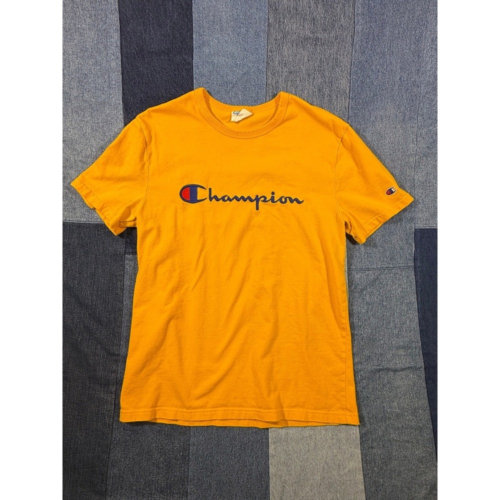 Vintage Champion Men's Yellow Crew Neck T-Shirt Embroidered Logo‎ Size M